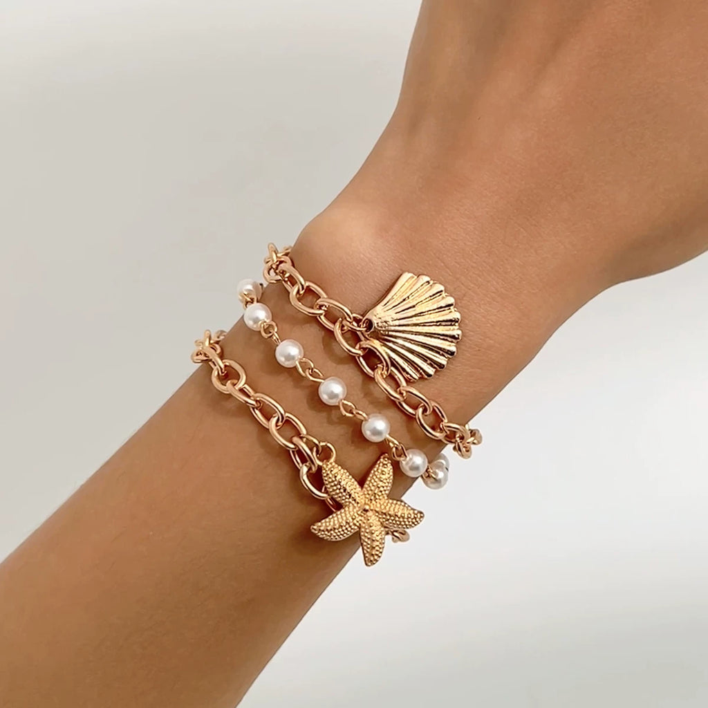 3-Piece Starfish & Scallop Imitation Pearl Bracelet Set for Women – European & American Summer Seaside Vacation Fashion Accessories