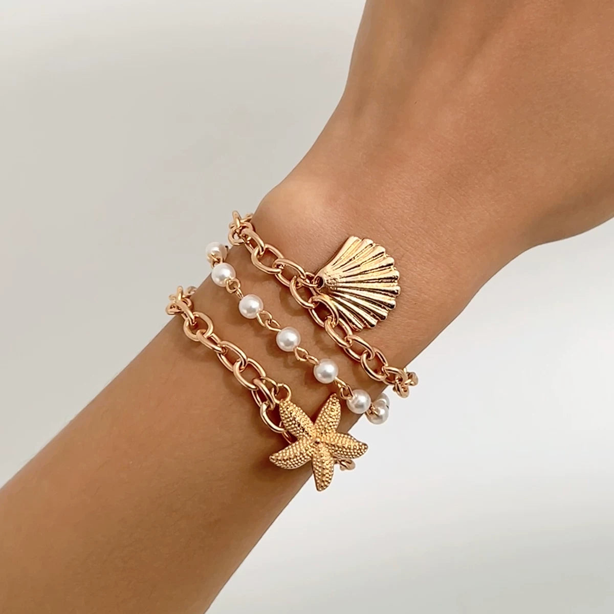 3-Piece Starfish & Scallop Imitation Pearl Bracelet Set for Women – European & American Summer Seaside Vacation Fashion Accessories