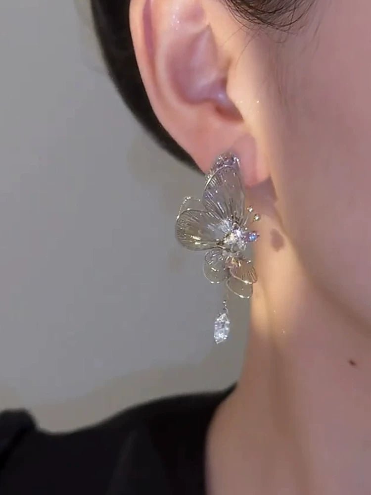 Hollow Butterfly Zircon Long Earrings for Women – S925 Silver Needle Retro Style Drop Earrings