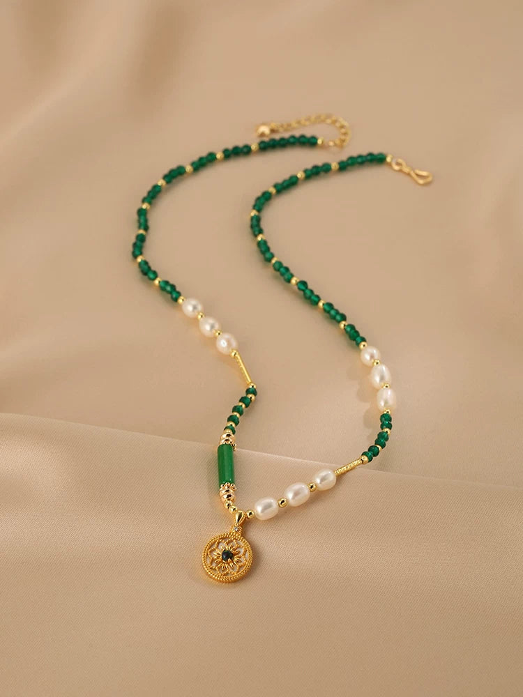 Natural Pearl Green Crystal Beaded Clavicle Necklace for Women – Spliced Bead Necklace