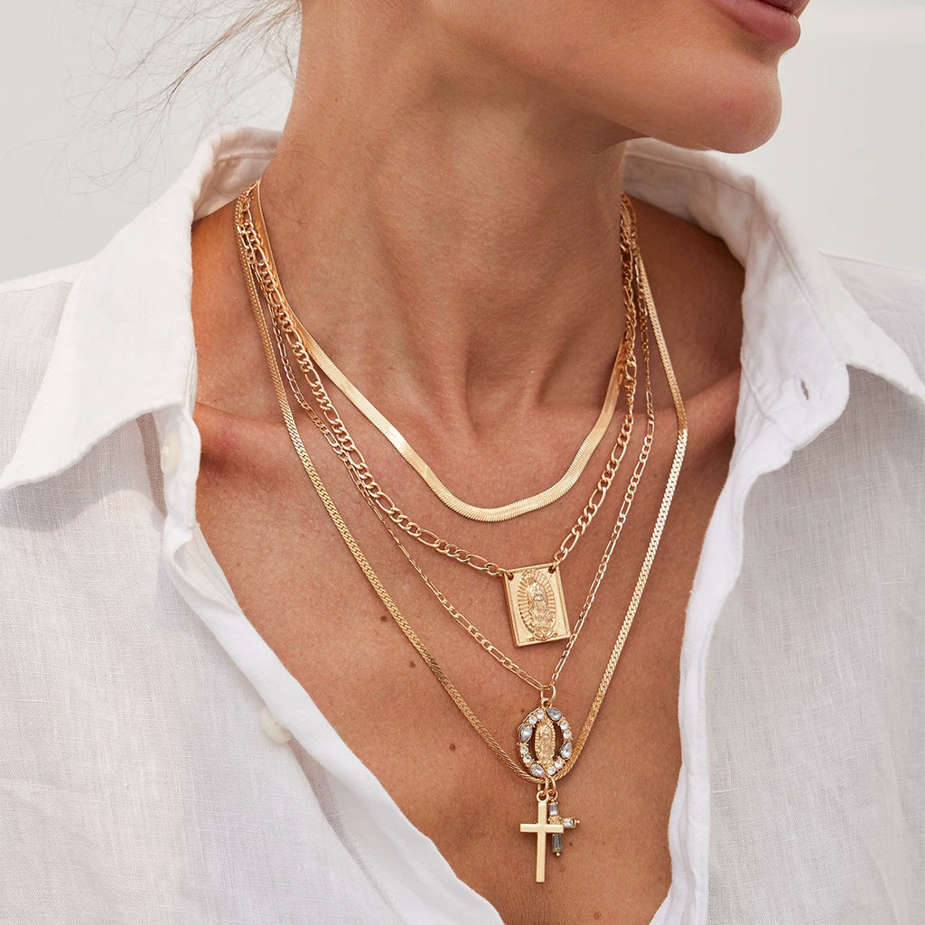 4-Piece Cross Flat Snake Bone Necklace Set – Layered Clavicle Chain Design