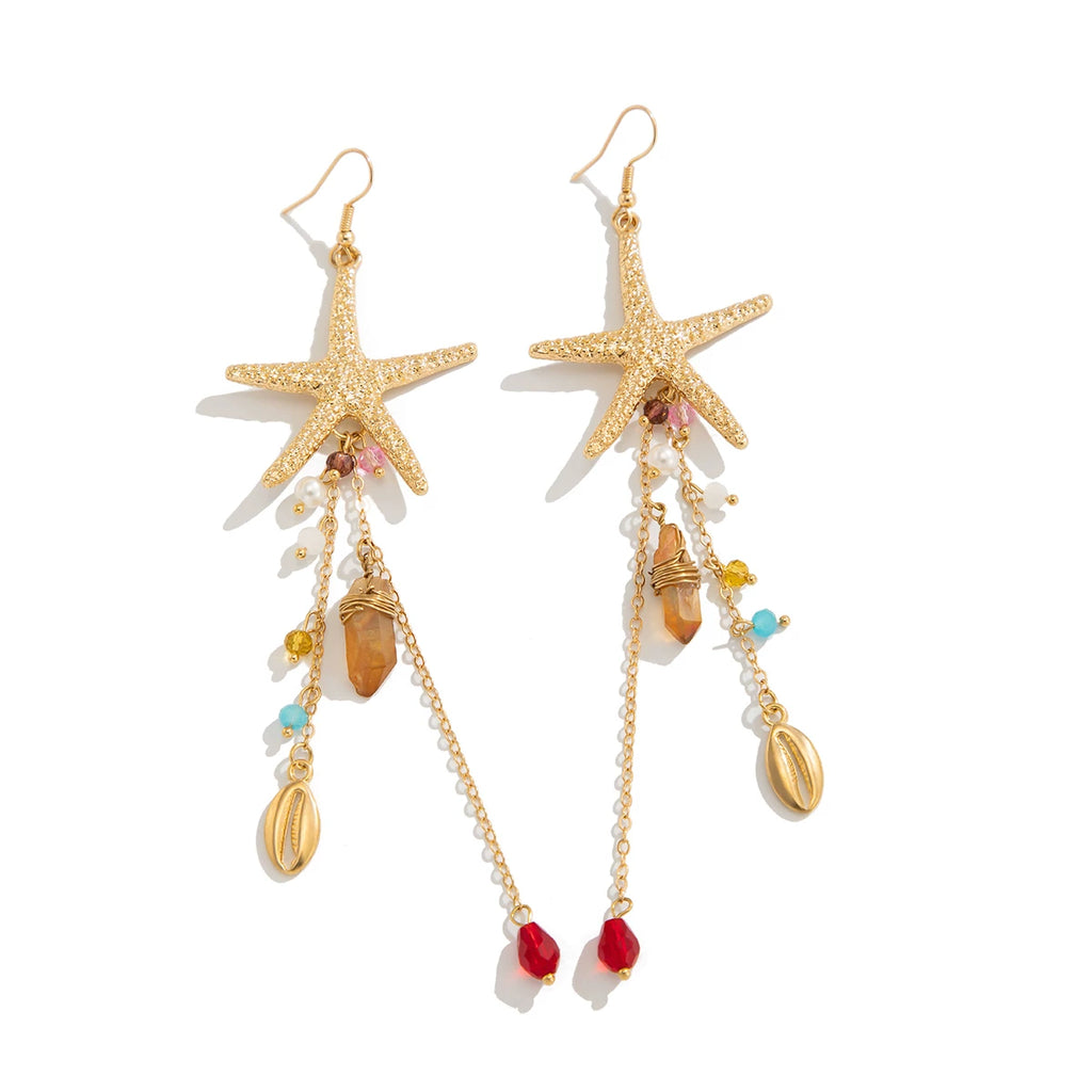 Irregular Crystal Starfish Shell Earrings for Women – 2025 Summer Seaside Vacation Fashion Jewelry Travel Accessories