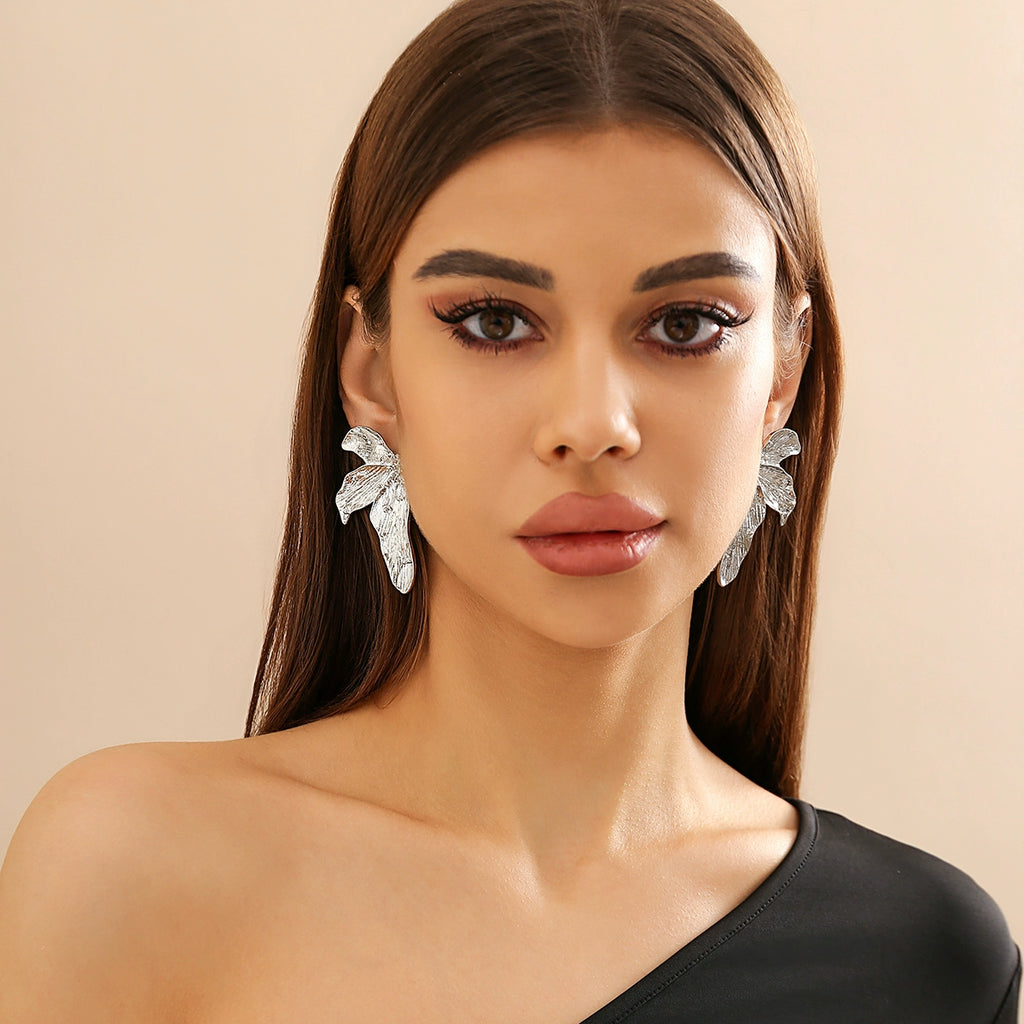 Metal Leaf Stud Earrings for Women – European & American Spring 2024 Trendy Street-Inspired Fashion Ear Jewelry