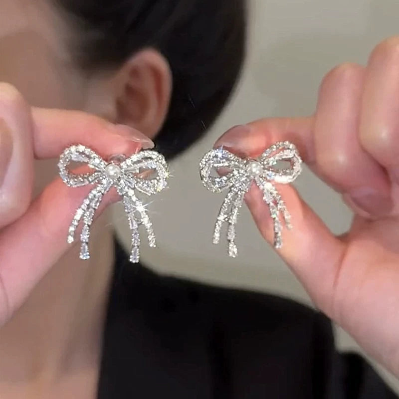 Zircon Bow Earrings for Women – S925 Silver Needle Drop Earrings, Elegant Fashion Jewelry