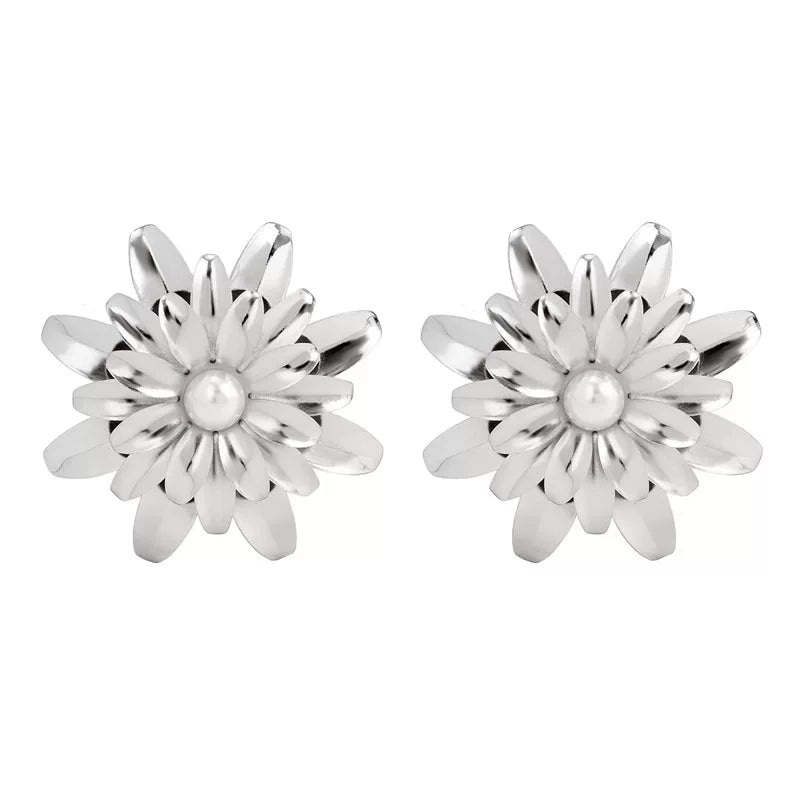 Imitation Pearl Metal Chrysanthemum Stud Earrings for Women – European & American Statement Floral Elegant Fashion Jewelry