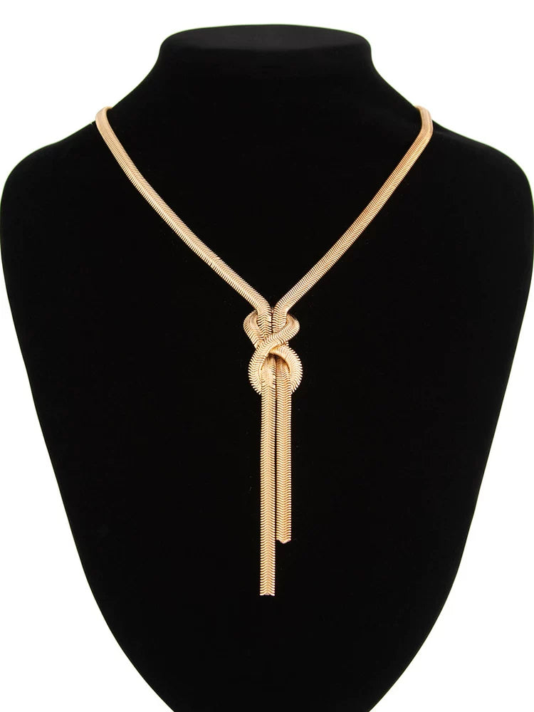 Love V Gold Knotted Tassel Snake Chain Long Necklace for Women – European & American Style 2025 Trendy Sweater Chain Jewelry