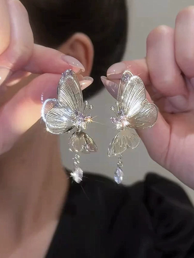 Hollow Butterfly Zircon Long Earrings for Women – S925 Silver Needle Retro Style Drop Earrings