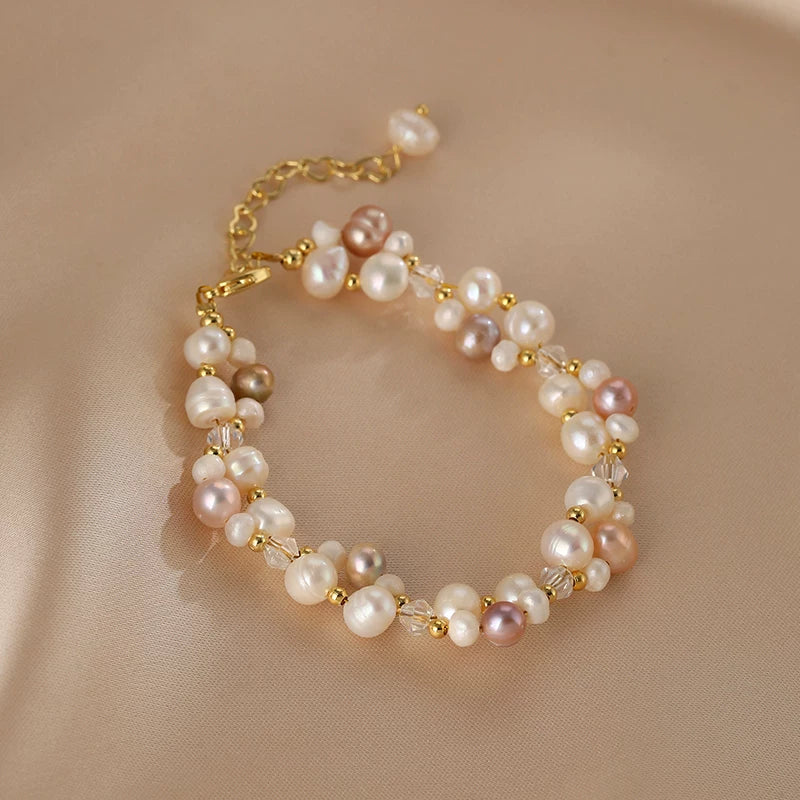 Double Layer Braided Natural Pearl Necklace and Bracelet Set for Women – Beaded Jewelry Set