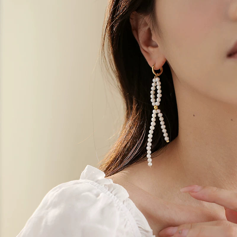 Natural Pearl Asymmetrical Bow Tassel Hoop Earrings for Women – Long Drop Fashion Earrings
