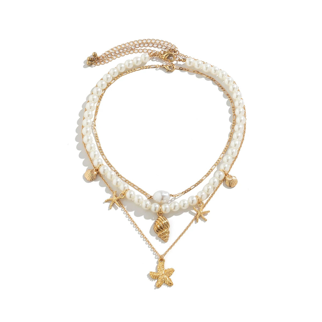 3-Piece Starfish Shell Imitation Pearl Necklace Set for Women – European & American Seaside Vacation Fashion Jewelry Accessories