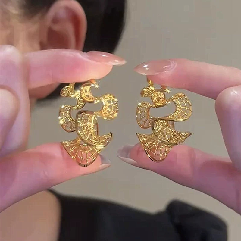 French Hollow Gold Wave Earrings for Women – Geometric Drop Earrings, Lightweight Fashion Jewelry