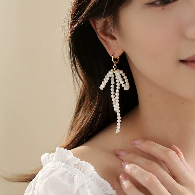 Natural Pearl Asymmetrical Bow Tassel Hoop Earrings for Women – Long Drop Fashion Earrings