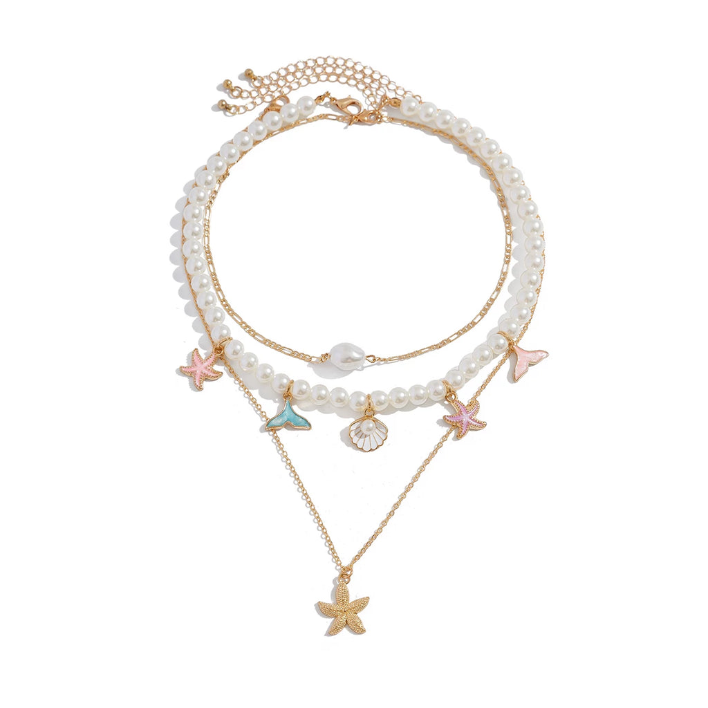 3-Piece Starfish & Scallop Imitation Pearl Necklace Set – Layered Clavicle Chain Design