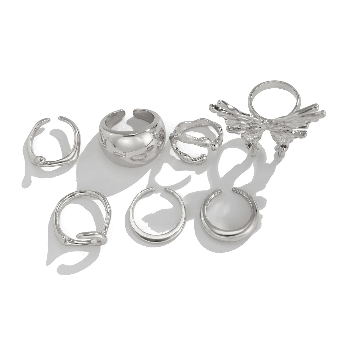 7-Piece Set Of Metal Asymmetric Butterfly Rings 2025 Spring And Summer Fashion Trend Design Popular Travel Photography Accessories