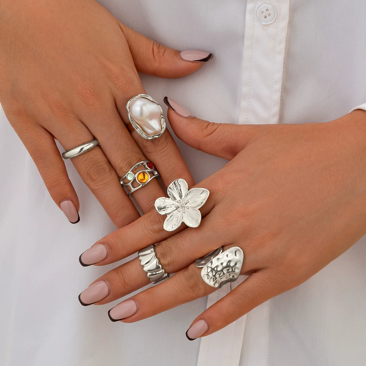 6-Piece Baroque Flower Imitation Pearl Ring Set, Trendy Personalized Fashion Internet Celebrity Style Ring Set