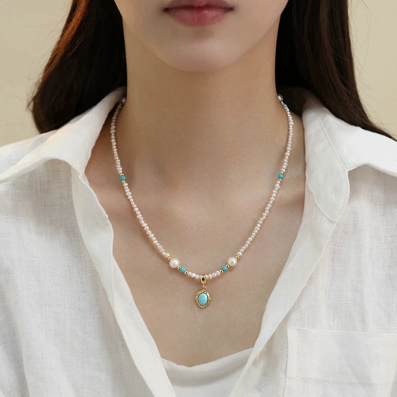 Natural Pearl Millet Bead Spliced Clavicle Necklace for Women – Turquoise Beaded Necklace