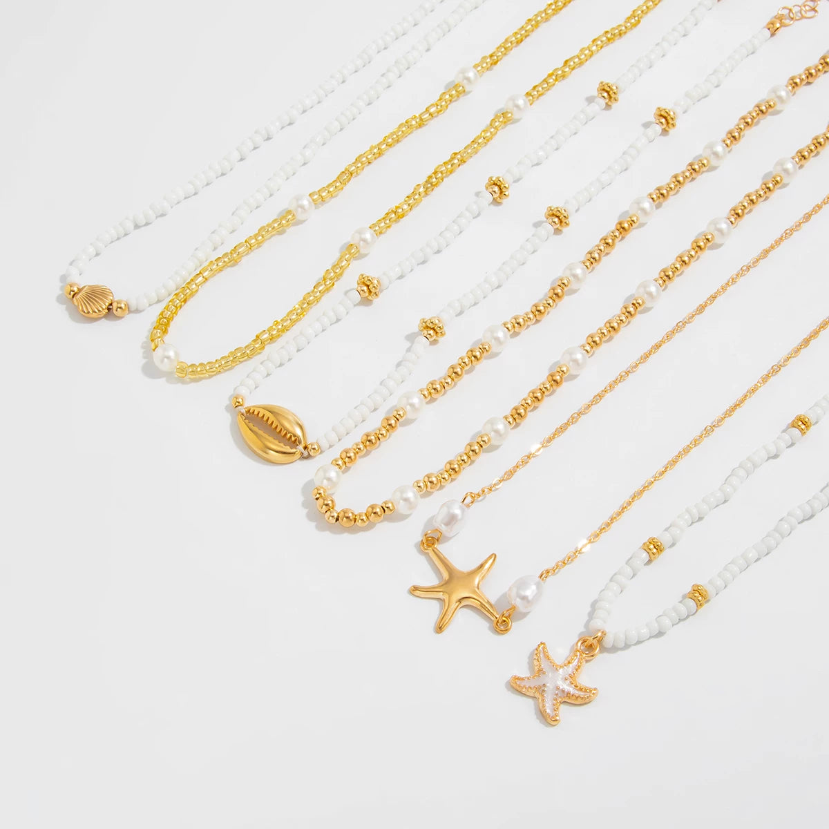 6-Piece Starfish Imitation Pearl & Rice Bead Necklace Set – Layered Clavicle Chain Design