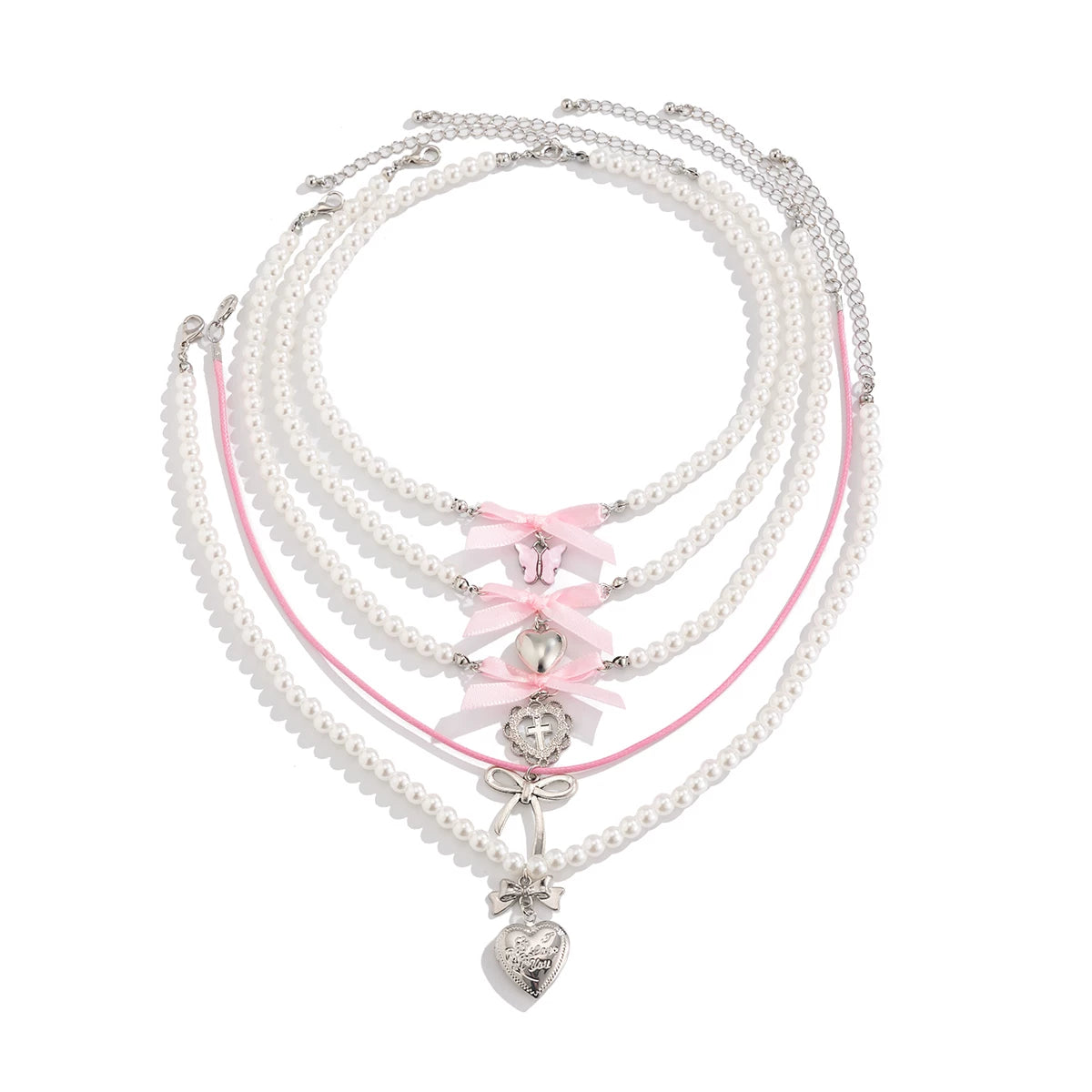 5-Piece Peach Heart & Bow Imitation Pearl Necklace Set – Layered Clavicle Chain Design