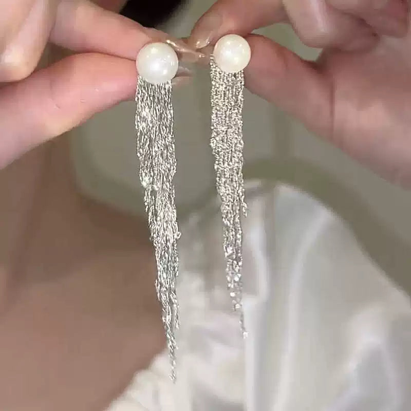Moon and Star Pearl Tassel Earrings for Women – S925 Silver Needle Long Drop Fashion Earrings