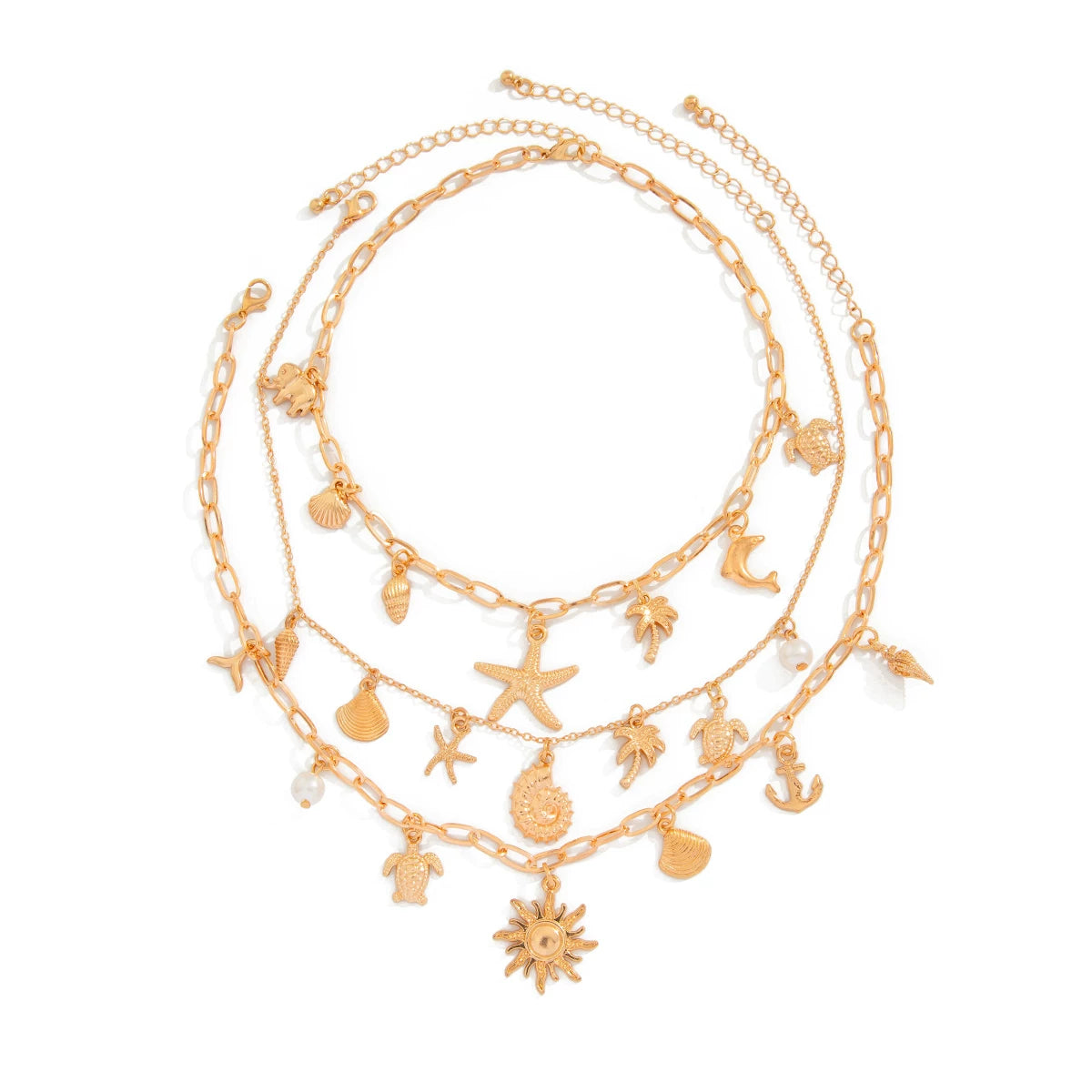 3-Piece Starfish, Conch & Scallop Necklace Set – Layered Clavicle Chain Design