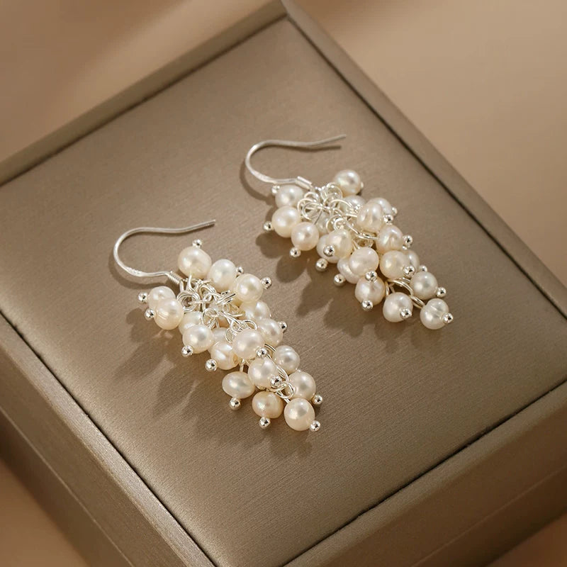 Natural Pearl Tassel Grape Cluster Earrings for Women – Retro Style S925 Silver Ear Hook Earrings