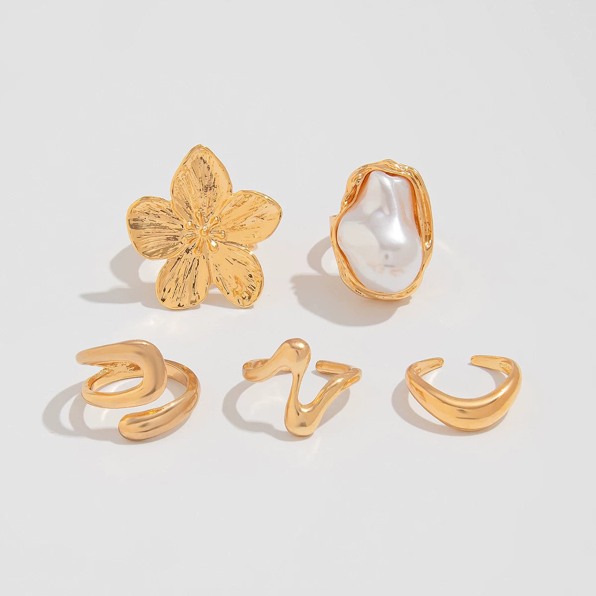5-Piece Baroque Imitation Pearl Flower Ring Set Hip-Hop Fashion Personalized Travel Photo Matching Ring Set