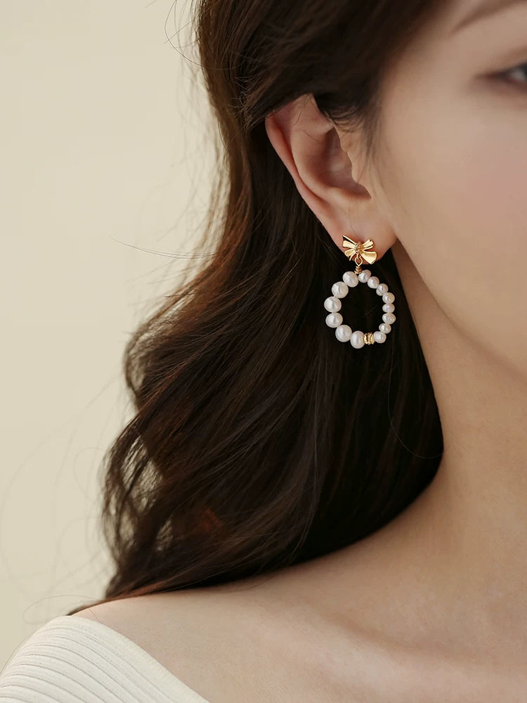 Small Bow Natural Pearl Stud Earrings for Women – S925 Silver Needle Minimalist Earrings