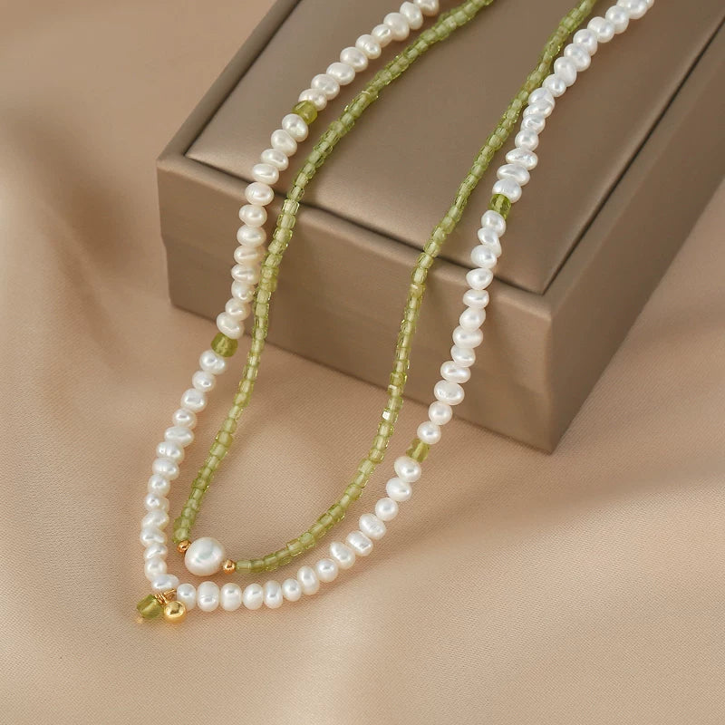 Natural Peridot and Freshwater Pearl Double Layer Clavicle Necklace for Women – Layered Stone and Pearl Necklace