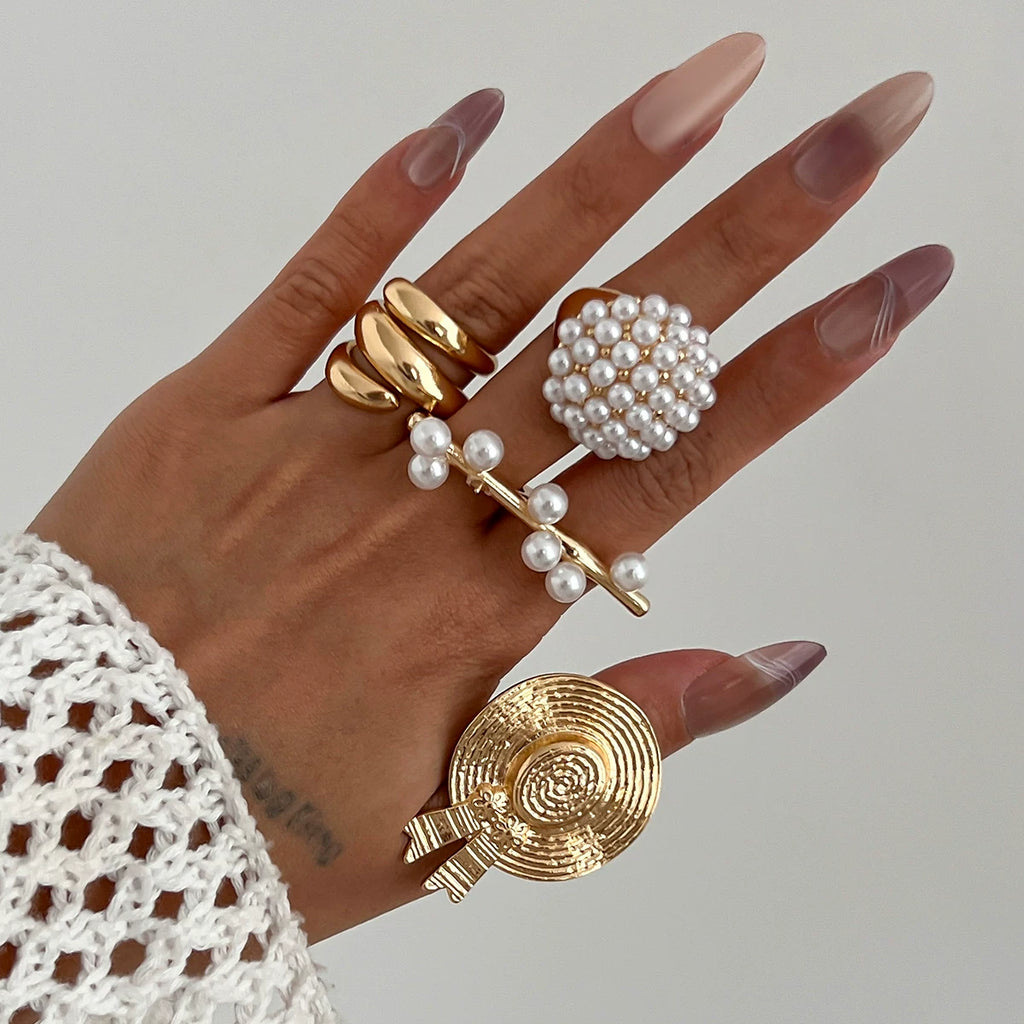 Metal Hat Imitation Pearl Ring For Women 2025 Spring And Summer Fashion Personality Niche Design Internet Celebrity Ins Style Ring Trend