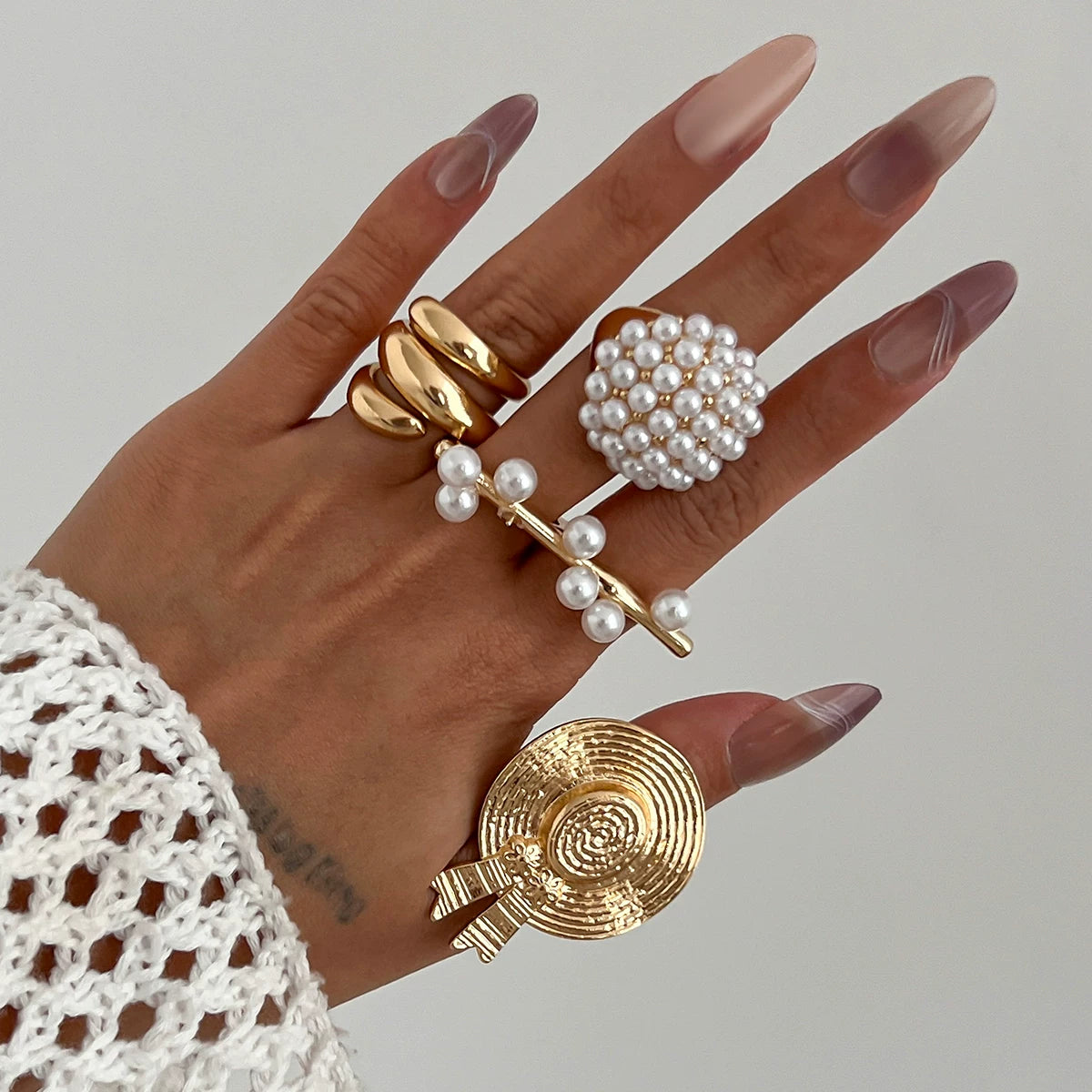 Metal Hat Imitation Pearl Ring For Women 2025 Spring And Summer Fashion Personality Niche Design Internet Celebrity Ins Style Ring Trend