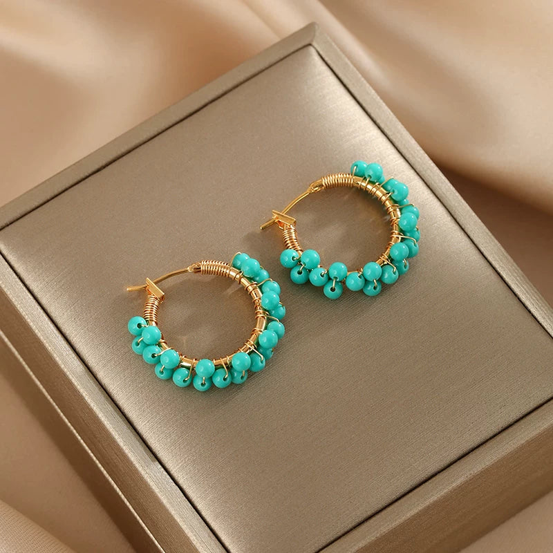 Chinese Style Turquoise Green Hoop Earrings for Women – Summer Fresh Round Fashion Earrings