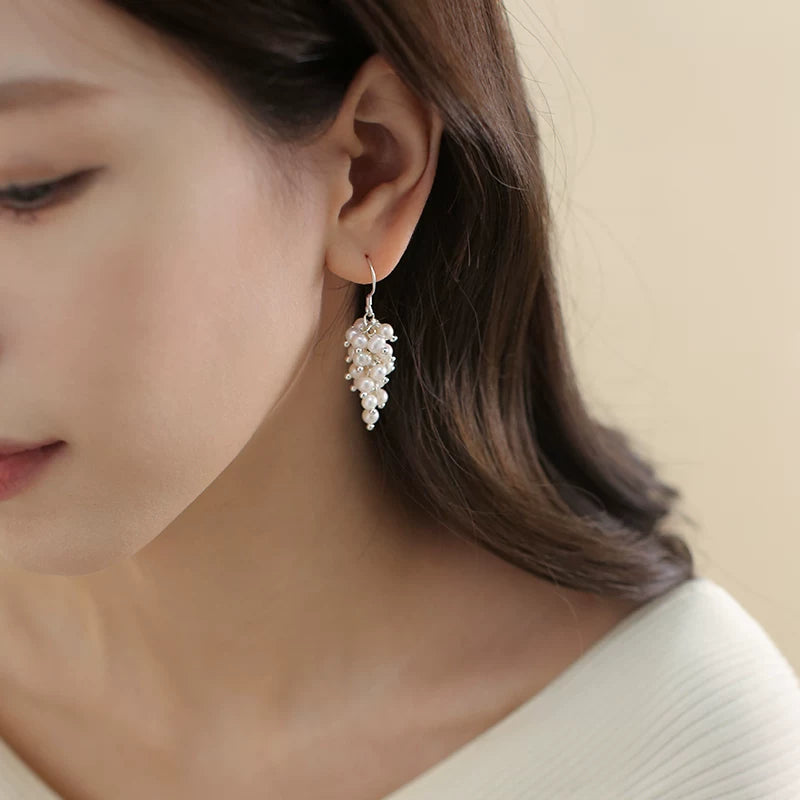 Natural Pearl Tassel Grape Cluster Earrings for Women – Retro Style S925 Silver Ear Hook Earrings