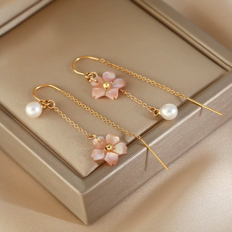 Natural Freshwater Pearl Long Flower Earrings for Women – Retro Style Drop Fashion Earrings