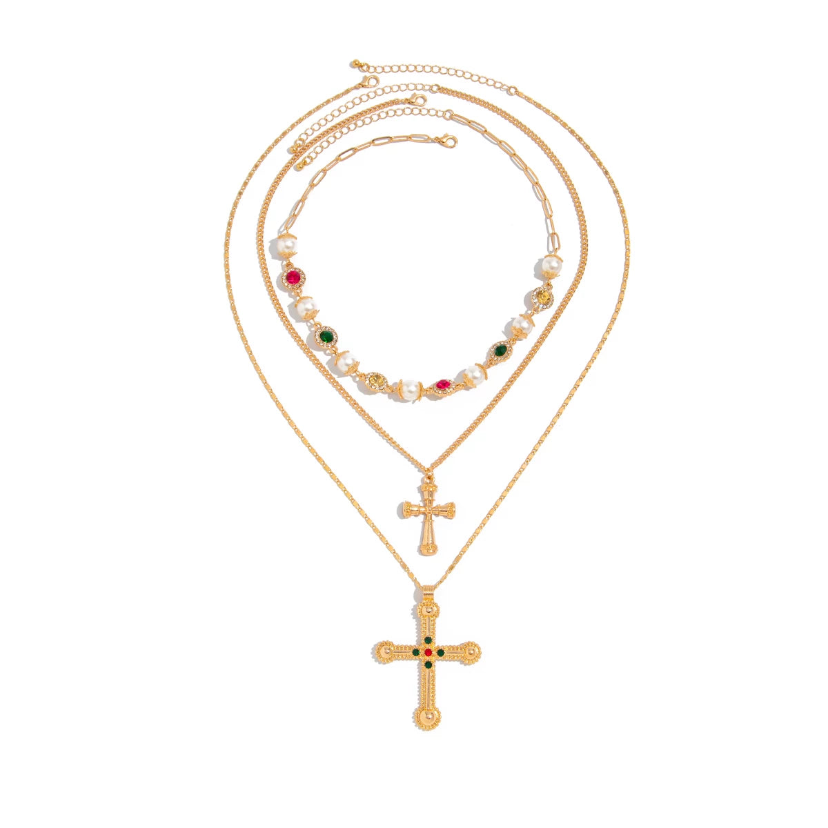 3-Piece Diamond-Style Cross Necklace Set for Women – Layered Clavicle Chain Design
