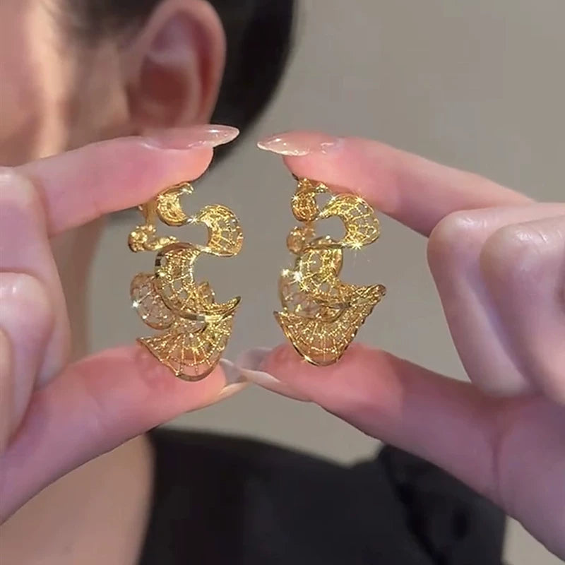 French Hollow Gold Wave Earrings for Women – Geometric Drop Earrings, Lightweight Fashion Jewelry