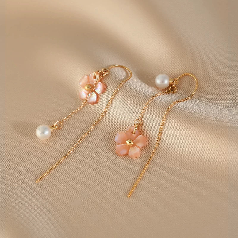 Natural Freshwater Pearl Long Flower Earrings for Women – Retro Style Drop Fashion Earrings