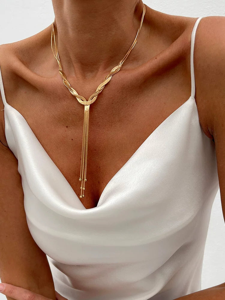 Love V Gold Knotted Tassel Snake Chain Long Necklace for Women – European & American Style 2025 Trendy Sweater Chain Jewelry