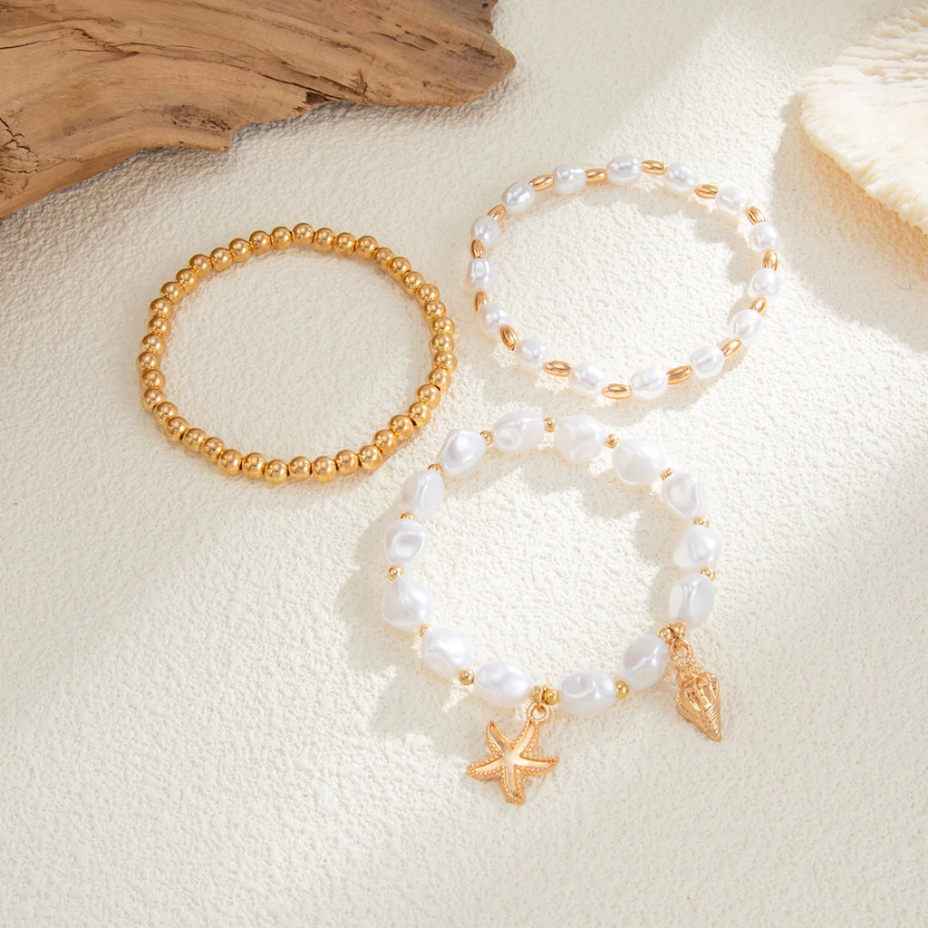 3-Piece Starfish & Conch Imitation Pearl CCB Hand Jewelry Set for Women – European & American Trendy Seaside Vacation Accessories