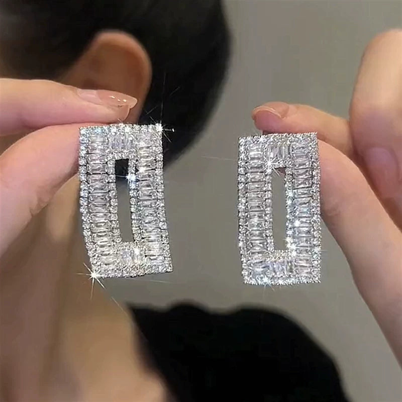 Rectangular Zircon Crystal Earrings for Women – S925 Silver Needle Geometric Drop Earrings