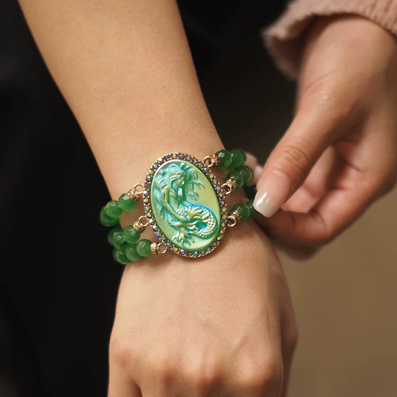 Vintage Mermaid Relief Beaded Bracelet for Women – Medieval-Inspired Retro Statement Fashion Jewelry