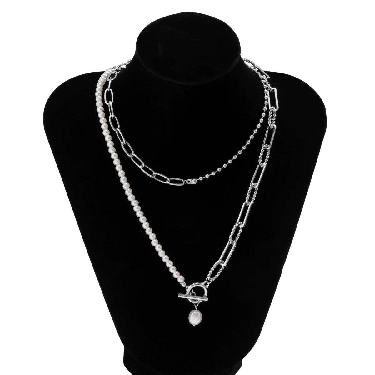 Love V Double Chain Necklace for Women – European & American Trendy OT Buckle Clavicle Chain, Retro Imitation Pearl Layered Jewelry