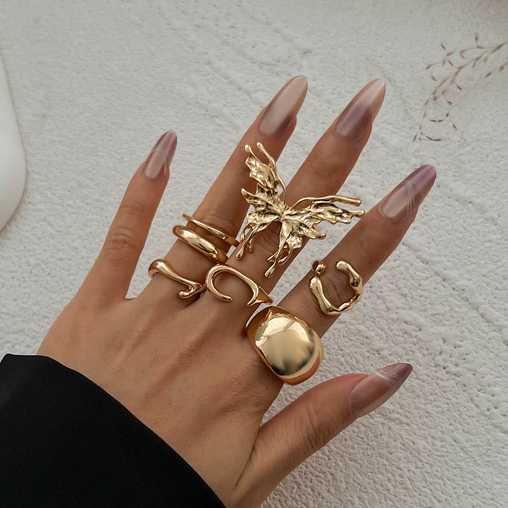 7-Piece Set Of Metal Asymmetric Butterfly Rings 2025 Spring And Summer Fashion Trend Design Popular Travel Photography Accessories
