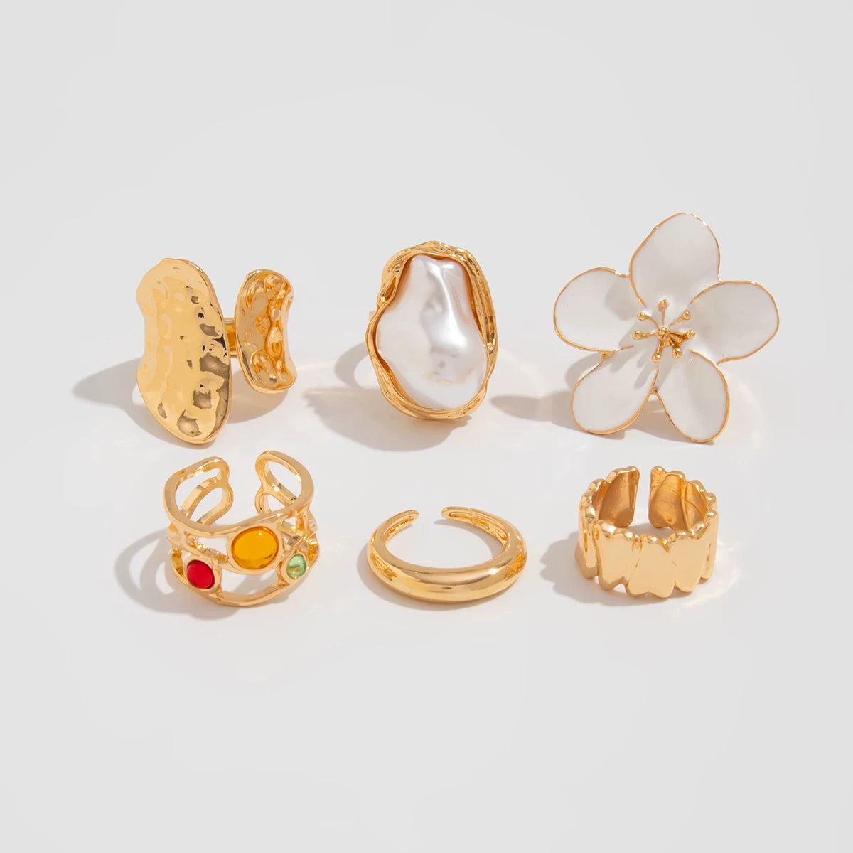 6-Piece Baroque Flower Imitation Pearl Ring Set, Trendy Personalized Fashion Internet Celebrity Style Ring Set