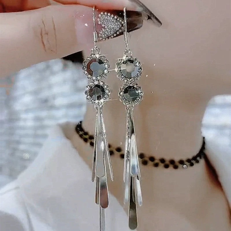 Crystal Long Tassel Earrings for Women – French Retro Style Drop Fashion Earrings