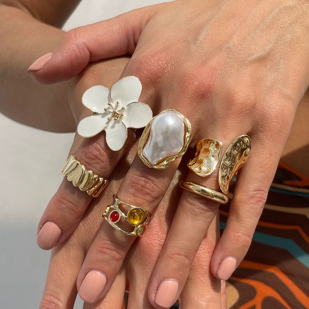 6-Piece Baroque Flower Imitation Pearl Ring Set, Trendy Personalized Fashion Internet Celebrity Style Ring Set