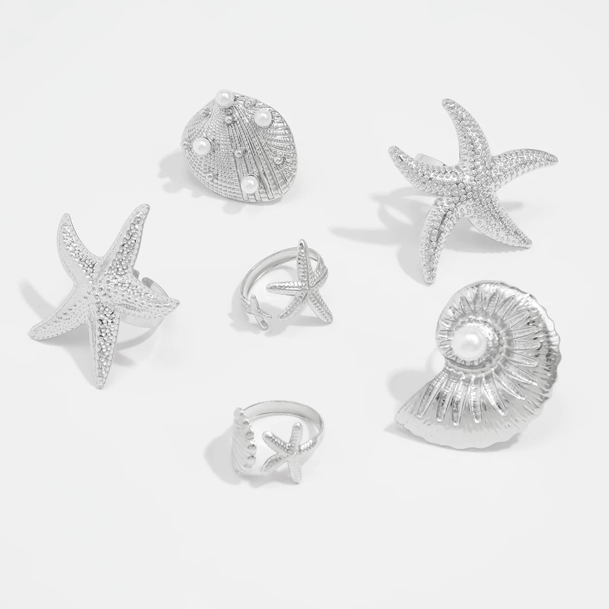 6-Piece Starfish, Scallop And Conch Ring Set. Hip-Hop Fashion Trend. Cool Accessories For Seaside Travel And Vacation.