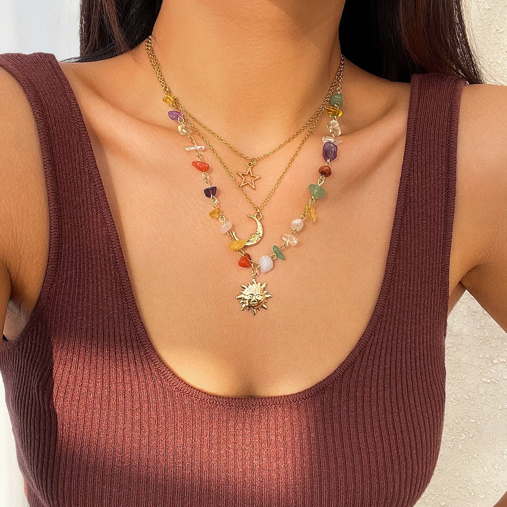3-Piece Sunflower Moon & Butterfly Imitation Turquoise Necklace Set – Retro Layered Clavicle Chain