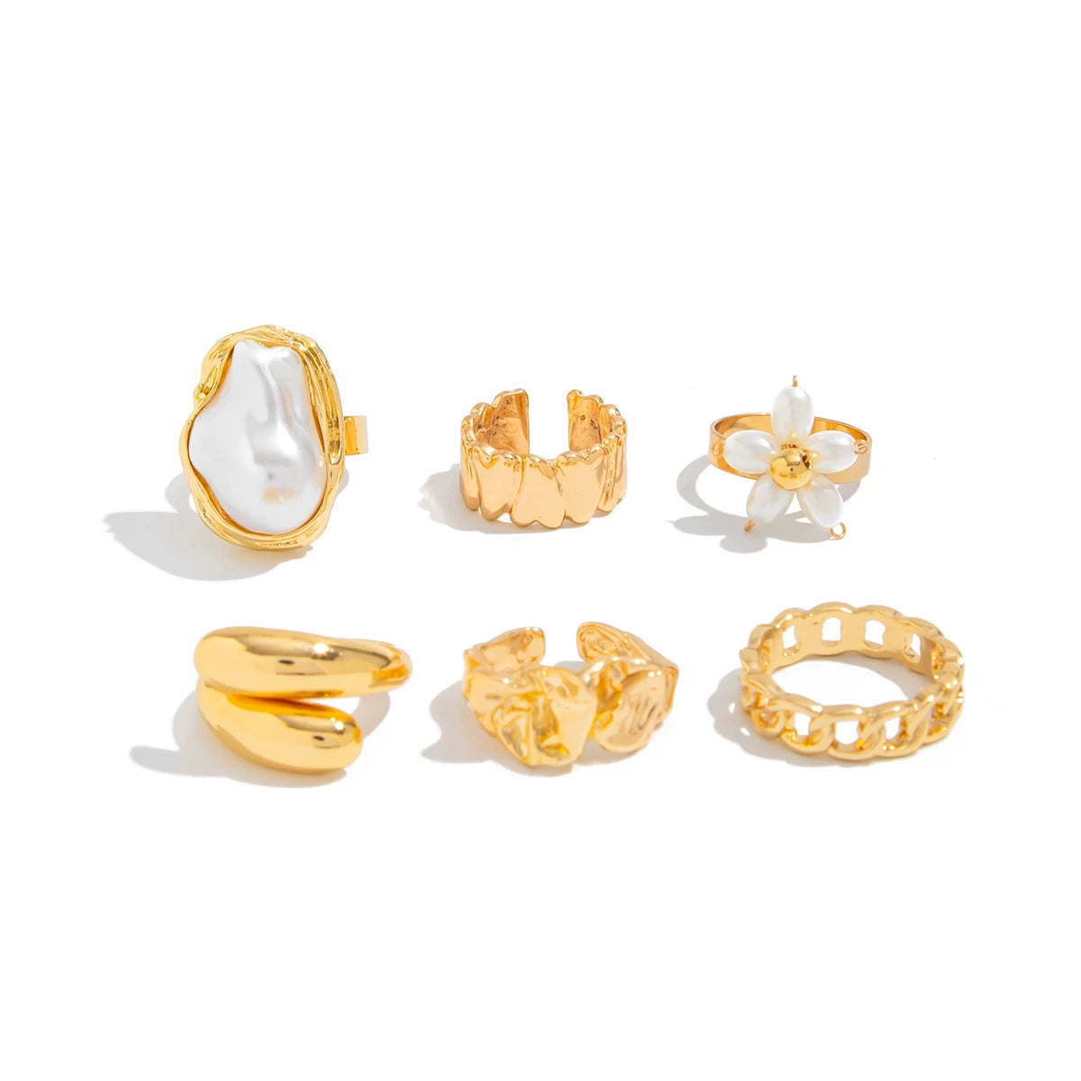 6-Piece Imitation Pearl Flower Ring Set European And American Summer Trendy Personalized Hip-Hop Internet Celebrity Temperament Ring Set