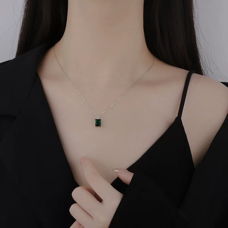 Sterling Silver Square Green Zircon Necklace for Women – Vintage Style Clavicle Chain