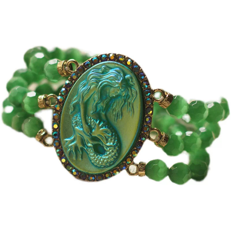 Vintage Mermaid Relief Beaded Bracelet for Women – Medieval-Inspired Retro Statement Fashion Jewelry